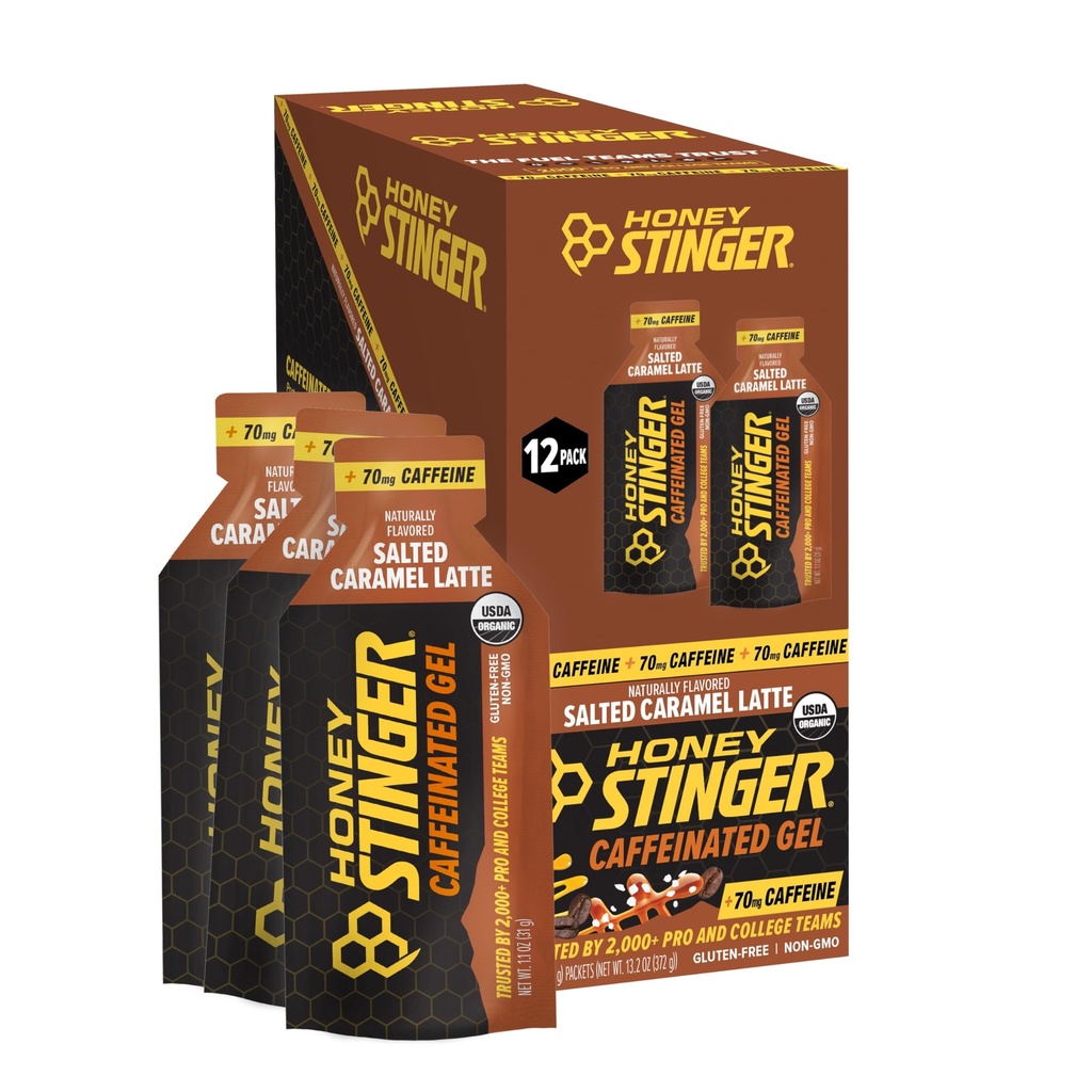 Μέλι Stinger Organic Alted Caramel Energy Gel, Caffeinated & Gluten Free, για άσκηση, τρέξιμο και απόδοση, Αθλητική διατροφή για το σπίτι & γυμναστήριο, προ και μέση προπόνηση, 12 Πακέτο, 13.2 Ουγγιά