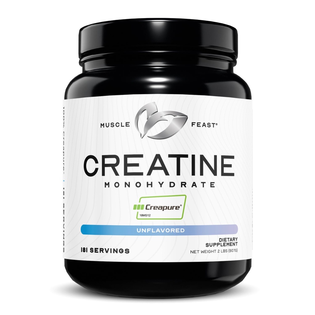 Μύες Feast Creapure Creatine Monohydrate σκόνη, Vegan Keto Φιλική γλουτένη-ελεύθερος, Μαζική Κεραυνός, συμπλήρωμα αποκατάστασης μυών και Εμπιστευμένη Creatine για μυϊκή ανάπτυξη, σκόνη Creatine, Unflaved, 2lb