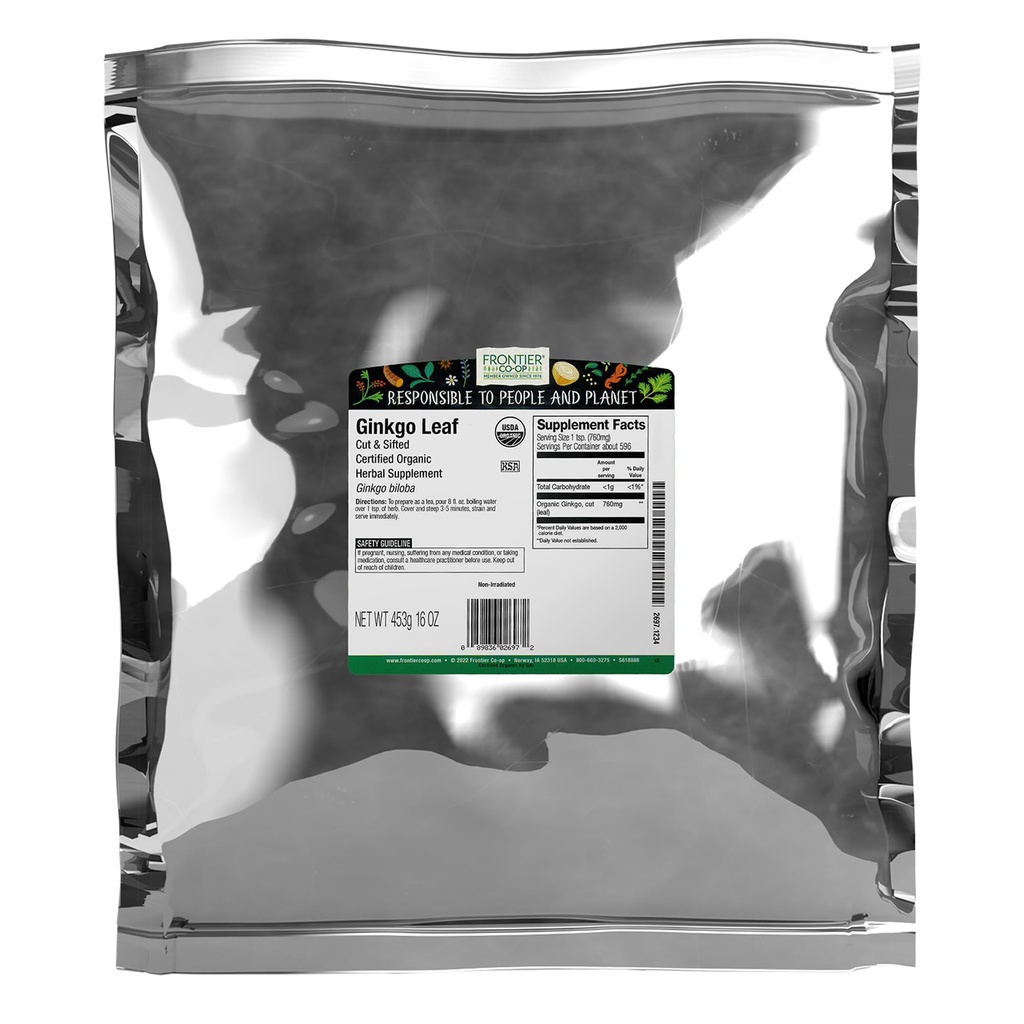 Organic Ginkgo Leaf, 1lb τσάντα μάζας, κομμένη και κοσκινισμένη 