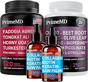 Liquid Collagen Biotin (2pk), Fadogia Tongkat Ali (1pk), and Nitric Oxide (1pk) Supplement Bundle - Potent Vitamins for Hair, Skin, Nails, Heart, Energy, & Testosterone Support - Non-GMO, Vegan