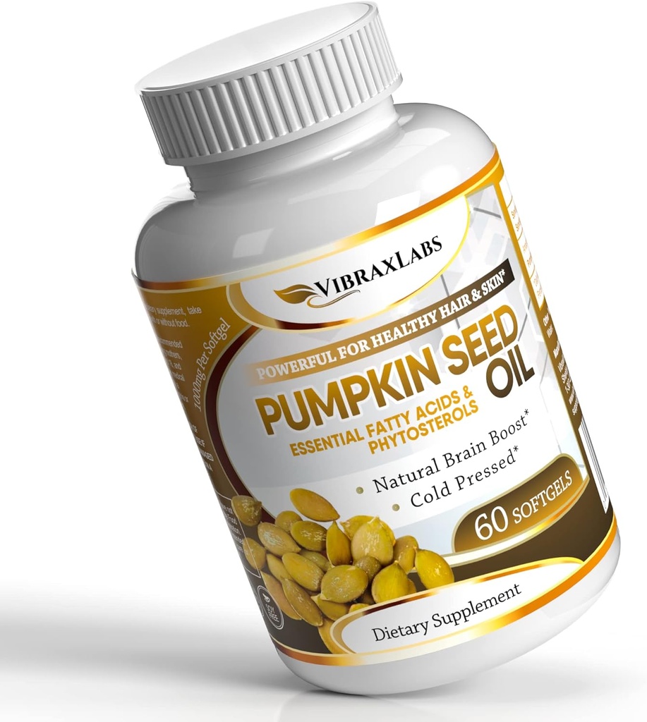 vibraxlabs Pumpkin Seed Oil - 100% Cold Pressed Pure 1000mg Extraction - Best για την ανάπτυξη των μαλλιών, Younger Looking Skin & Face, συμπλήρωμα ελέγχου της ουροδόχου κύστης, 60 Softgels
