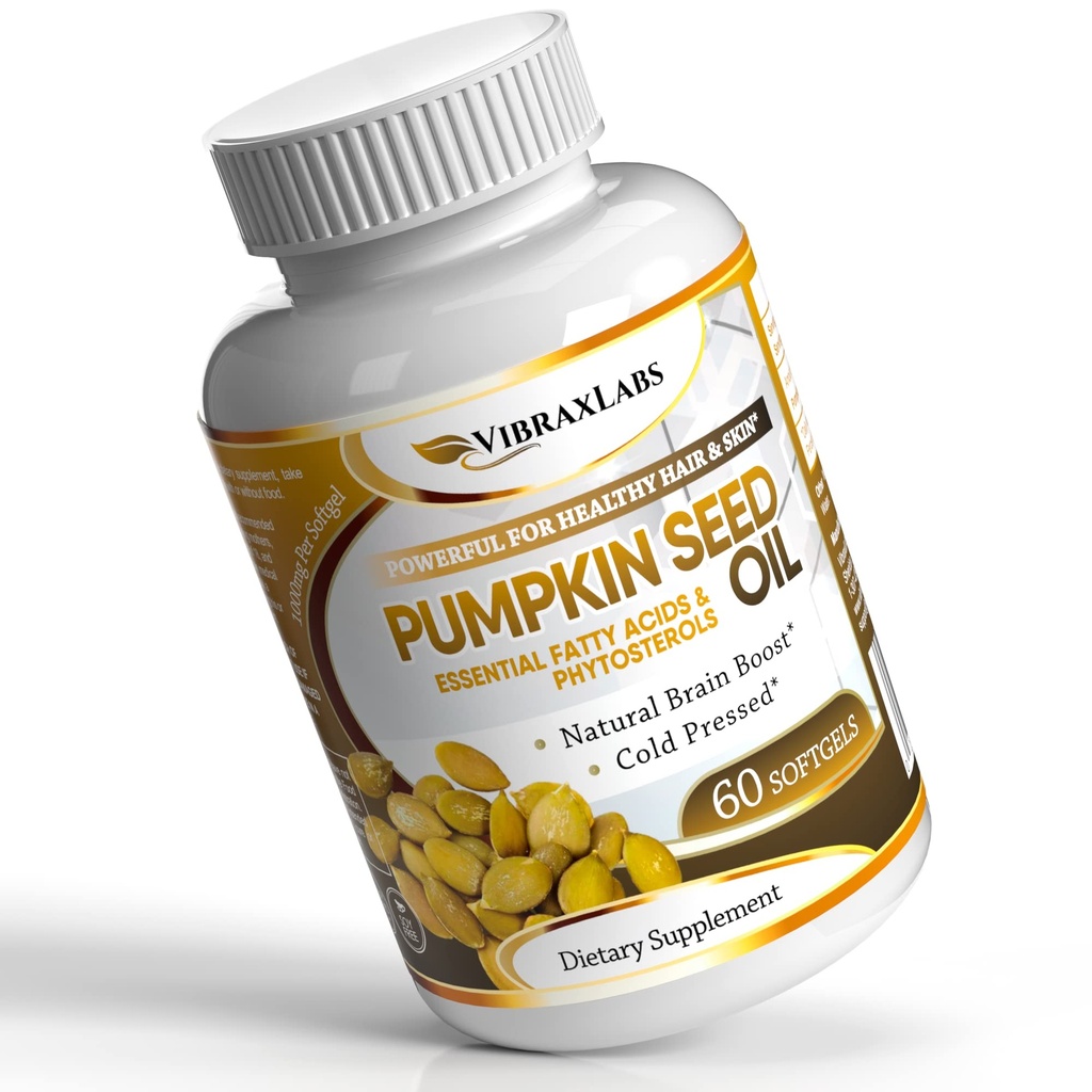vibraxlabs Pumpkin Seed Oil - 100% Cold Pressed Pure 1000mg Extraction - Best for Hair Growth, Younger Looking Skin & Face, Bladder Control Supplement, 60 Softgels
