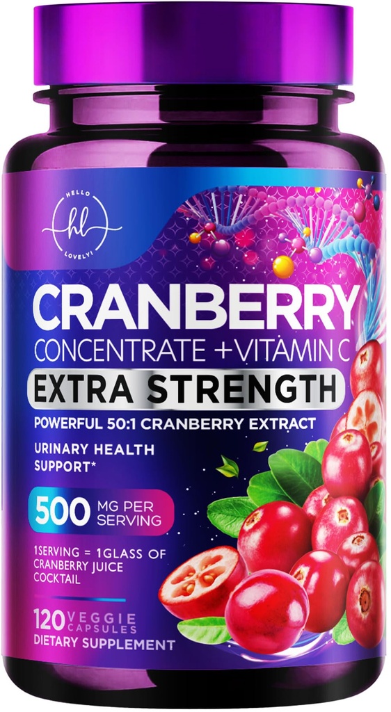Cranberry Extract 500mg Per Serving Supplement Pills - 3X Strength Concentrated Whole Fruit Cranberry with Vitamin C, Triple Strength for Cleanse & Urinary Tract Health Support - 120 Capsules