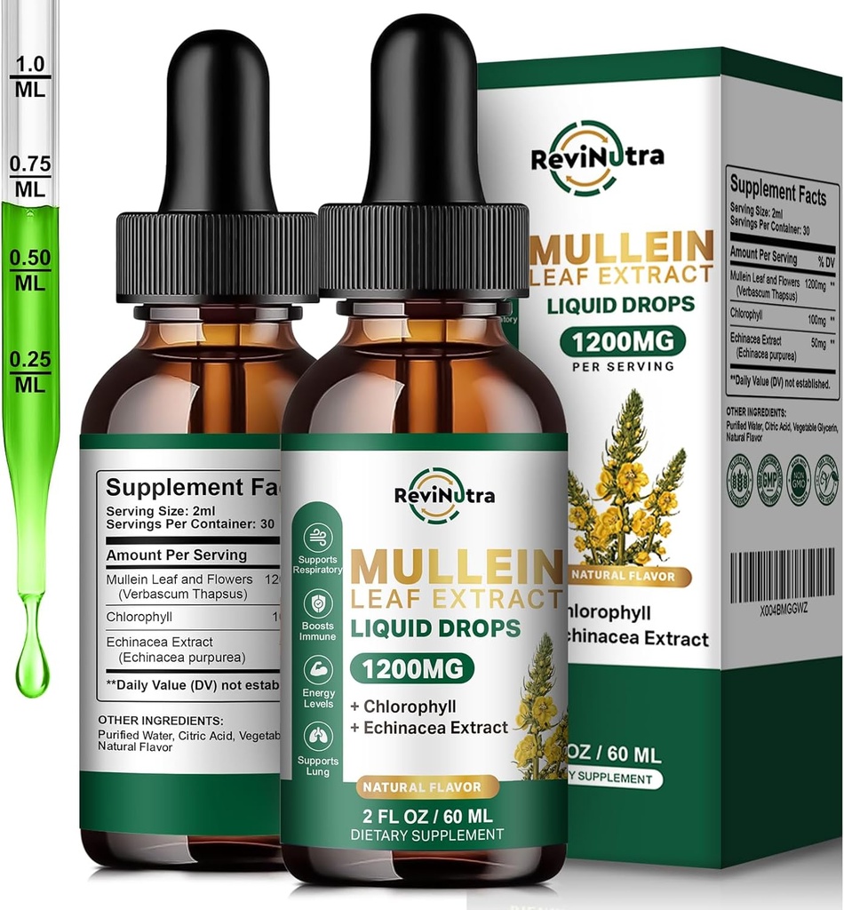 2 Drops Mullein συσκευασίας για τους πνεύμονες, 1200mg Mullein Leaf Extract Υγρές σταγόνες με χλωροφύλλη για τον πνεύμονα Cleanse & Detox, Υποστήριξη για το αναπνευστικό, ανοσοποιητικό, Digestive System