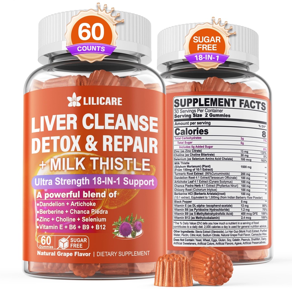1Pack Milk Thistle Liver Detox Gummies, 18-in-1 Liver Cleanse Detox & Repair Supplement with Berberine, Chicory Root, Turmeric, Artichoke, Dandelion Root, Chanca Piedra, Vitamins B6 B12 - Sugar Free