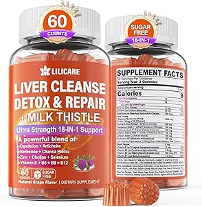1Pack Milk Thittle Liver Detox Gummies, 18-σε-1 Liver Cleanse Detox & συμπλήρωμα επισκευής με Βερβερίνη, Chicory Root, Turmeric, Artichoke, Dandelion Root, Chanca Piedra, Βιταμίνες B6 B12 - Χωρίς ζάχαρη