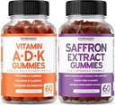 ADK Vitamin D3 K2 D (60 Gummies) K - 10 Vegan Supplement - Delicious Raspberry Flavor and Saffron (60 Gummies) Premium Χωρίς ζάχαρη Συμπληρώματα για Ενήλικες - 5 in 1 Advanced Formula - Vegan & USA Made
