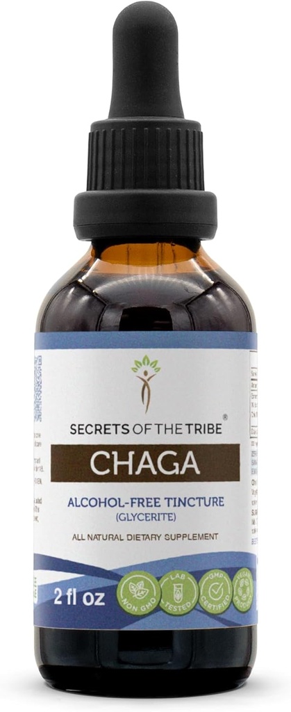 Μυστικά της φυλής Chaga Βάμμα-ελεύθερο αλκοόλ, υψηλής ισχύος βοτανικές σταγόνες, Βάμμα κατασκευασμένο από Wildcrated Chaga (Inonotus obligus) Αποξηραμένο μανιτάρι 2 oz
