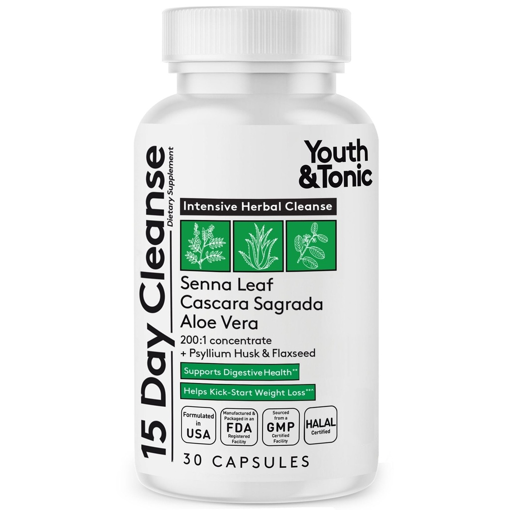 Youth & Tonic 15 Ημέρα καθαρισμού – Colon & Gut Cleanse Detox Επαναφορά για οροπέδια, Belly Bloating & Regularity, Digestive Health – για γυναίκες & άνδρες, 30 χάπια