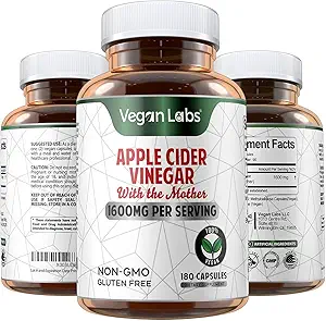 Vegan Labs Apple Cider Vinegar Capsules with The Mother- 180 Vegan Capsules, 1600MG Per Serving- 100% Natural ACV Pills- Supports Healthy Digestion, Keto, Weight Management, Detox, and Immune System