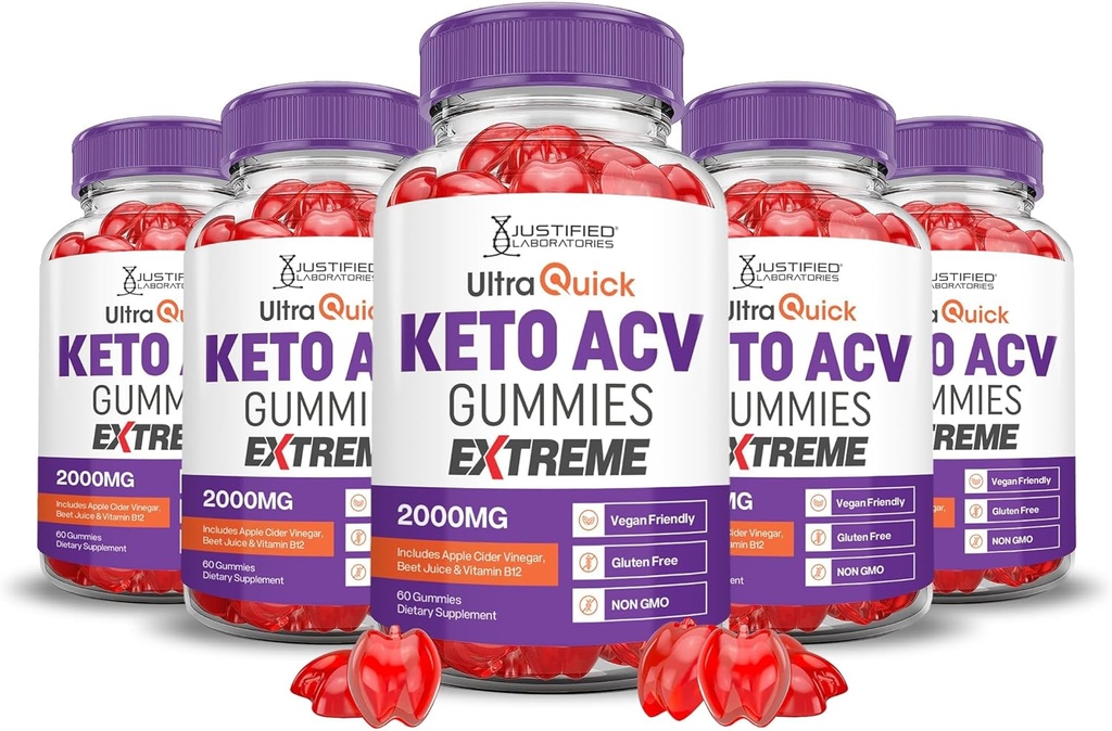Justified Laboratories (5 Pack Ultra Quick Keto ACV Gummies Extreme 2000MG Ultraquick Keto Gummies Apple Cider Vinegar Formed with Pomegranate Beet Buice Powder B12 Vegan Non GMO 300 Gummys