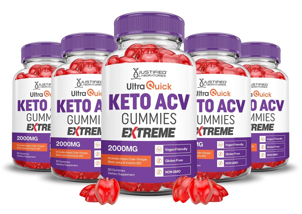 Justified Laboratories (5 Pack Ultra Quick Keto ACV Gummies Extreme 2000MG Ultraquick Keto Gummies Apple Cider Vinegar Formed with Pomegranate Beet Buice Powder B12 Vegan Non GMO 300 Gummys