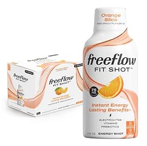 Freeflow Fit Energy Shots, Orange Slice, Natural Caffeine Boost with L-theanine, Ginseng, Vitamins, Prebiotics, Electrolytes (6 Count, 2oz Shots)