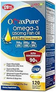LABO Nutrition OmaxPure Omega3 Fish Oil - 1125mg Omega 3 IFOS Certified - High Potency rTG Fish Oil Συμπλήρωμα με DHA & EPA - 120 Softgels