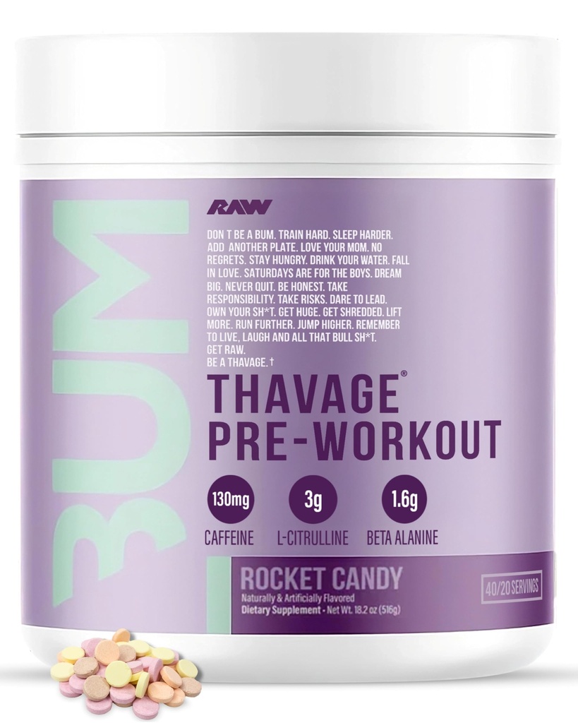 RAW Pre Workout Powder, Thavage (Rocket Candy) - Chris Bumstead Sports Συμπλήρωμα διατροφής για άνδρες & γυναίκες - CbumPreworkout για την προπόνηση, ενυδάτωση, ψυχική εστίαση & ενέργεια - 40 εξυπηρετήσεις