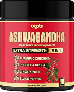 Ashwagandha Capsule 5in1-90 Vegan Capsules Blended with Ginger, Turmeric, Rhodiola Rosea & Black Pepper