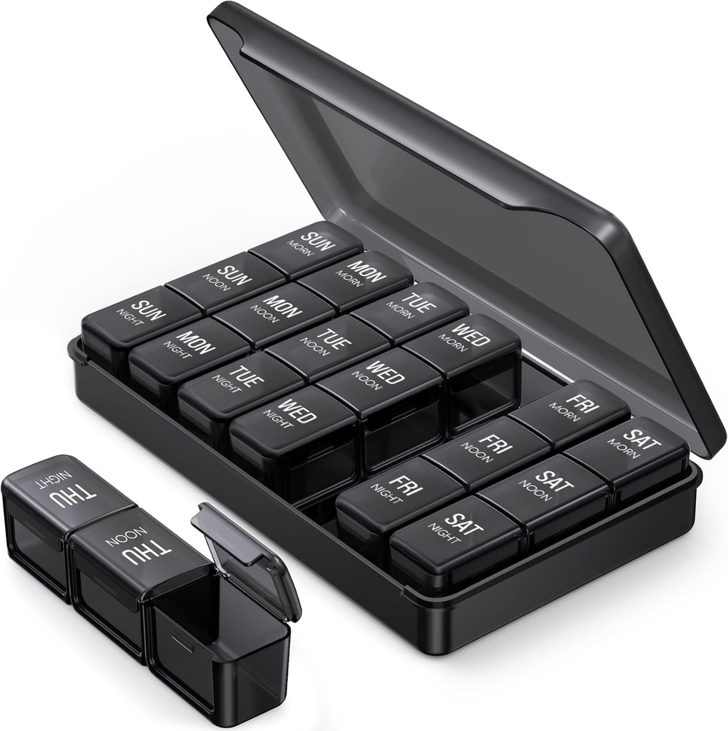 PULIV Pill Organizer 3 φορές μια ημέρα σε μαύρο χρώμα για την προστασία της ιδιωτικής ζωής, φορητό εβδομαδιαίο κουτί χάπια 7 ημέρα για το ταξίδι, μεγάλο ελαφρύ-προϊόν χάπια για βιταμίνες, φάρμακα, συμπληρώματα και ιχθυέλαια