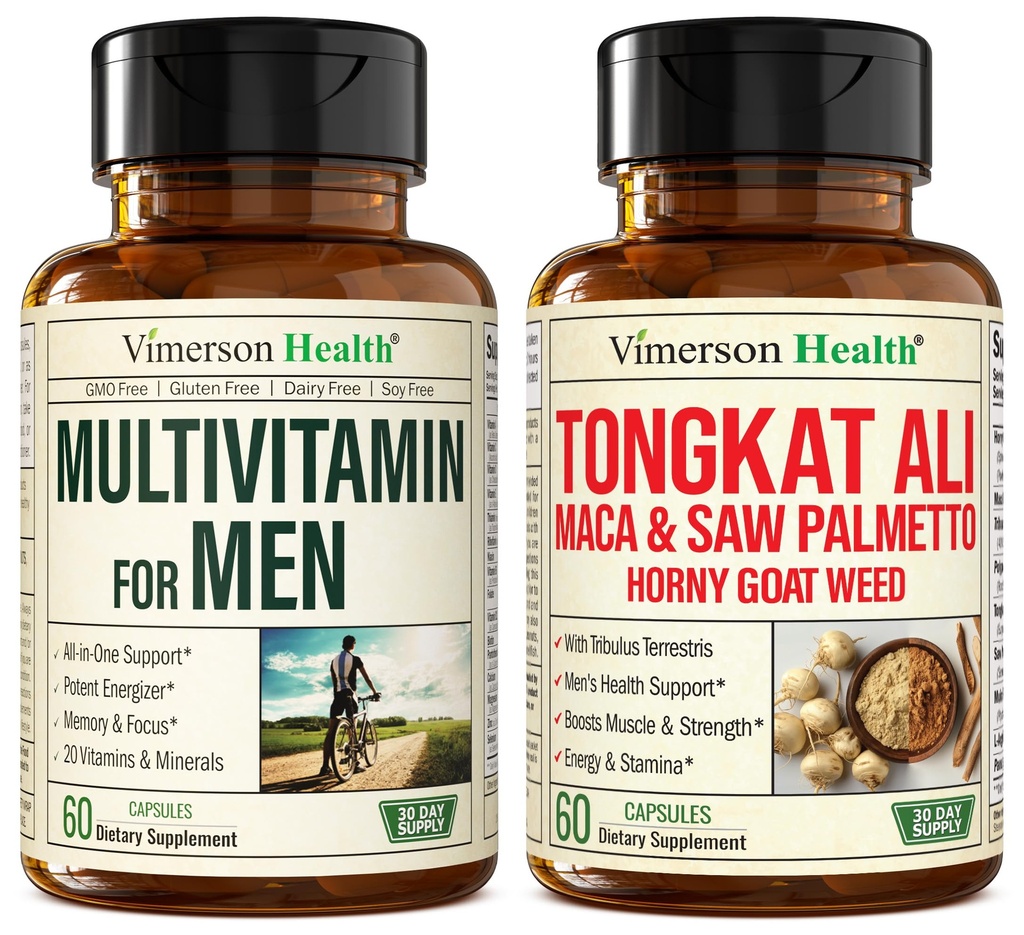 Vimerson Υγεία Multivitamin για άνδρες & Tongkat Ali για άνδρες με κέρατο κατσικίσιο ζιζάνιο, σκόνη ρίζας Maca, Tribulus Terrestris, Saw Palmetto εκχύλισμα