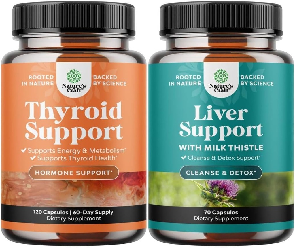 Bundle of Herbal Thyroid Support Complex with L Tyrosine Bladderwrack Selenium Pure Ashwagandha and Liver Cleanse Detox & Repair - Milk Thistle with Dandelion Root Choline Beetroot & Artichoke Extract