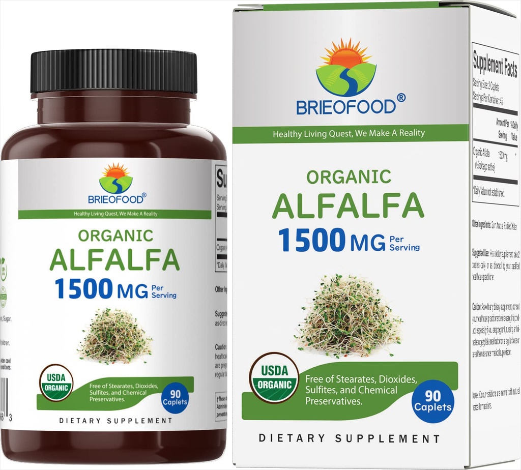 Brieofood Organic Alfalfa 1500mg, 45 μερίδες, χορτοφάγοι, χωρίς γλουτένη, 90 χορτοφαγικά δισκία