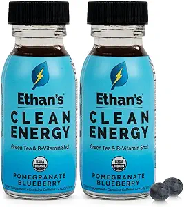 Ethan's Organic Clean Energy Shots Pomegranate Blueberry, Sugar Free Natural Pre-Workout Focus Boost, Gluten Free, Vegan, B6 & B12 Vitamin C with Green Tea Extract and Guayusa (2 Pack of 2oz Shots)