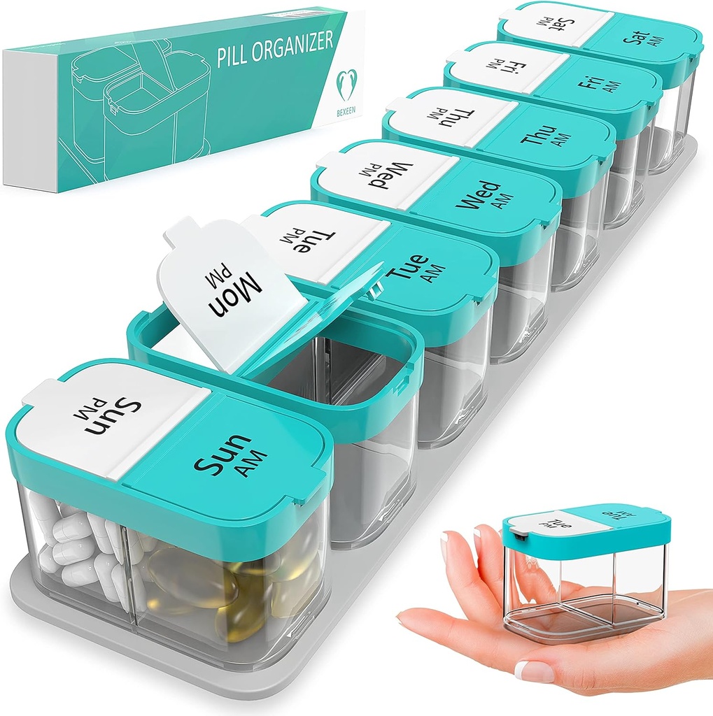 Extra Large Weekly Pill Organizer - XL Vitamin Holder με 7 Αποσπώμενα AM Διαμερίσματα - Φορητός Διανομέας Ιατρικής για το σπίτι και τα ταξίδια, Μεγάλο Συμπληρωματικό Δοχείο για Εβδομαδιαία ή Καθημερινή Χρήση, Μέντα