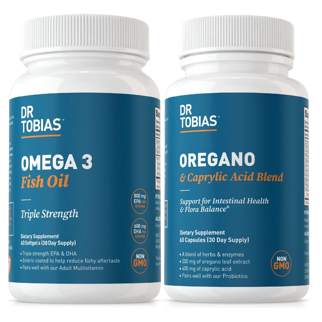 Dr. Tobias Omega 3 Fish Oil and Regano & Caprylic Acid Συμπληρώματα, Υποστηρίζει την καρδιά, τον εγκέφαλο, τον ανοσοποιητικό με το σύμπλεγμα ισορροπίας Gut Flora & Εντερική υγεία για γυναίκες & άνδρες