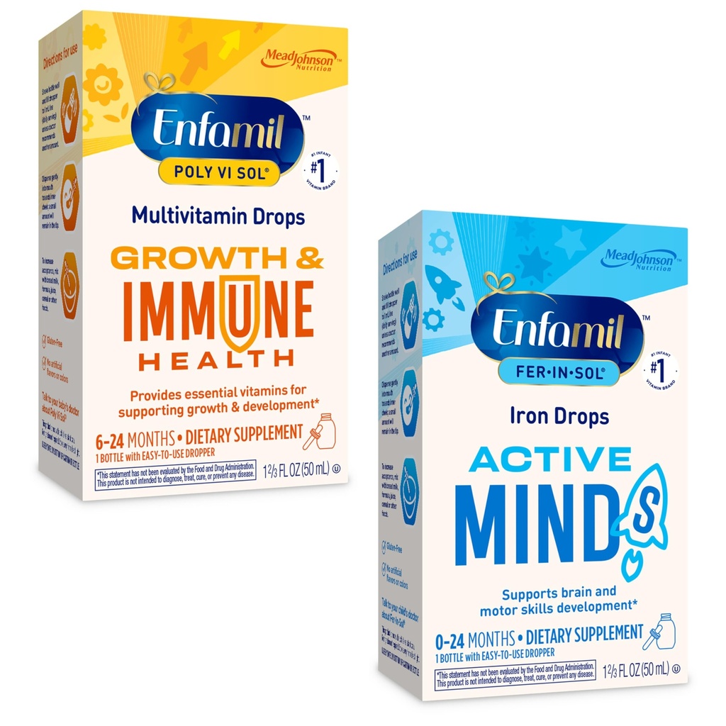 Enfamil Poly-Vi-Sol και Fer-in-Sol Iron Liquid Drop Multivitamin Supplements για βρέφη και Toddlers, 2x50 mL Σταγονόμετρο μπουκάλι