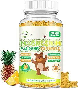 Magnesium Gummies for Kids - Συμπλήρωμα Glycinate Gummies Μαγνήσιου με L-Θεανίνη, Βιταμίνη Β6, D3 για Ενήλικες & Παιδιά, Ήρεμο Μαγνήσιο για Ύπνο, Χαλάρωση, Εγκέφαλος, Οστά, Χωρίς Ζάχαρη Ανανά 60ct