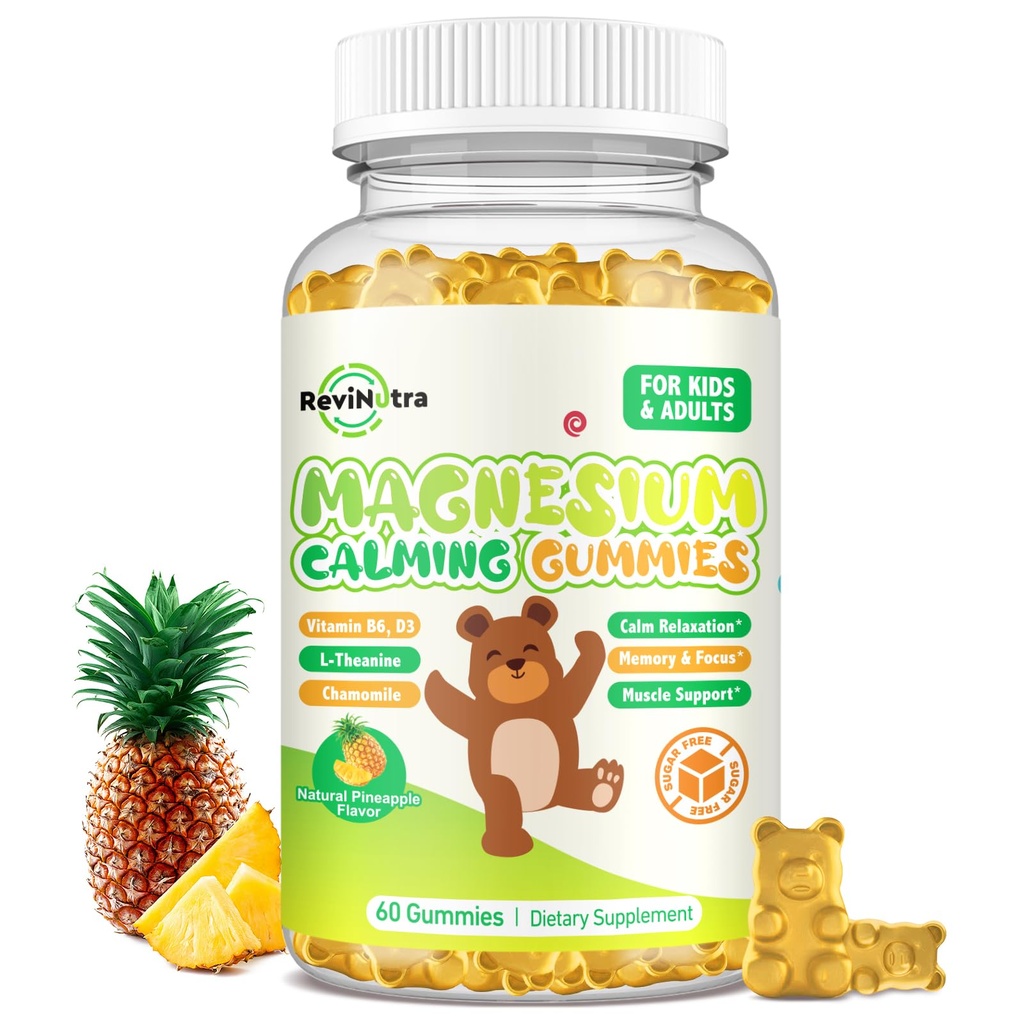Magnesium Gummies for Kids - Συμπλήρωμα Glycinate Gummies Μαγνήσιου με L-Θεανίνη, Βιταμίνη Β6, D3 για Ενήλικες & Παιδιά, Ήρεμο Μαγνήσιο για Ύπνο, Χαλάρωση, Εγκέφαλος, Οστά, Χωρίς Ζάχαρη Ανανά 60ct