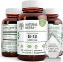 Natural Nutra Vitamin B12 1000 mcg, Cobalamin B 12 συμπλήρωμα, Φωσφορικό ασβέστιο, Βοήθεια στο Μεταβολισμό Υγεία, Υποστηρίζει το νευρικό σύστημα, Βέλτιστη απορρόφηση, Χωρίς γλουτένη, Χωρίς ζάχαρη, 60 Vegan δισκία