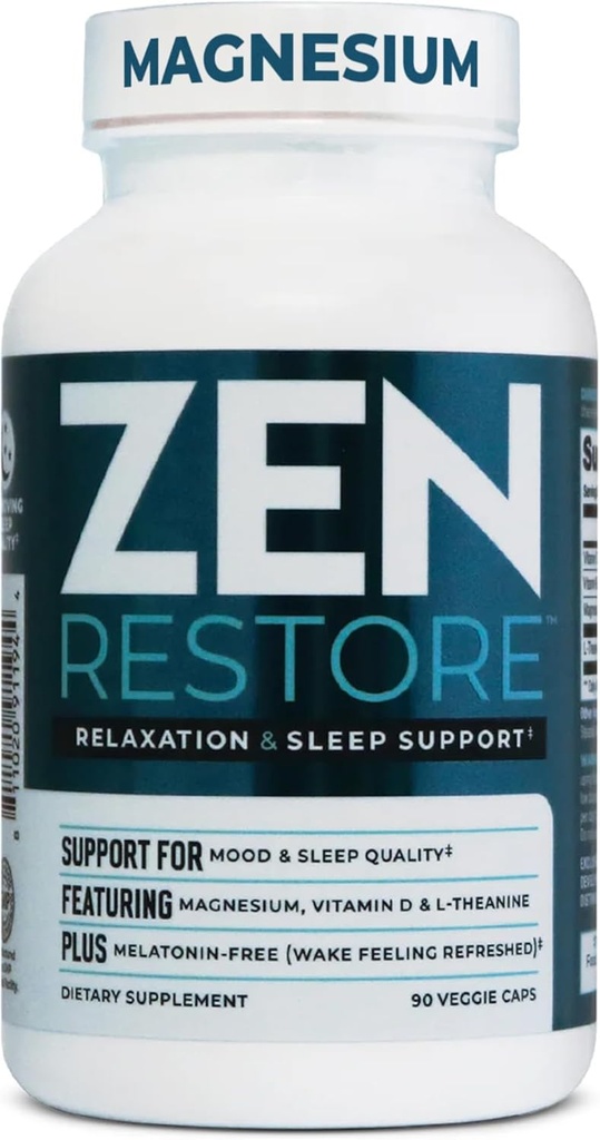 Nutrology Zen Restore Magnesium Supplement, 400mg Μαγνήσιο Μηλεϊκό Ανά δόση με βιταμίνη D3, L-Θεανίνη, Προάγει την χαλάρωση, την αποκατάσταση των μυών και την υγεία των επινεφριδίων, Υψηλή Απορρόφηση Συμπλήρωμα, 30 Υπηρεσίες
