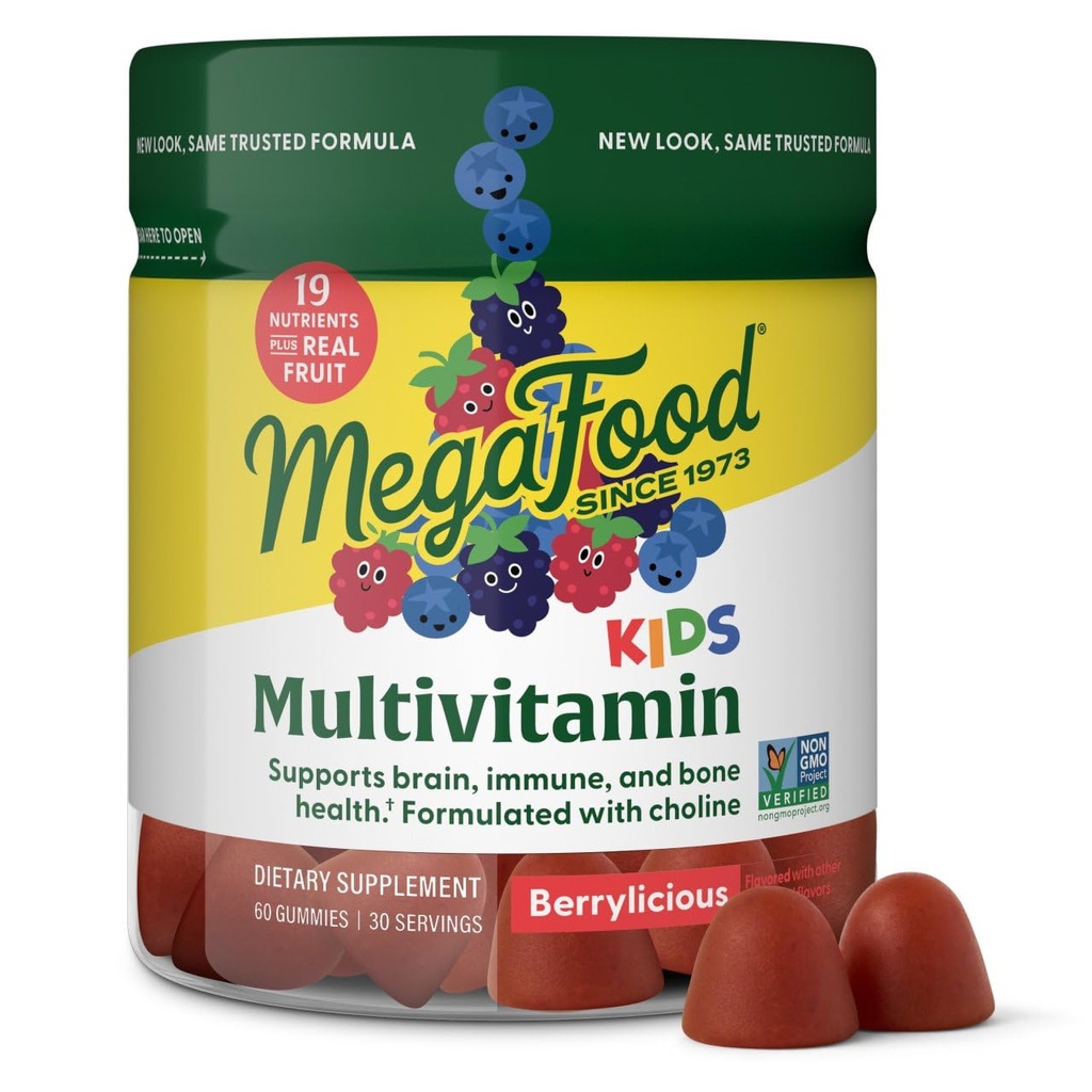 MegaFood Kids Multivitamin Gummies - Παιδικές Βιταμίνες - Ηλικία 4+ με Βιταμίνη C, Βιταμίνη D, Ψευδάργυρος, Χολίνη και Αληθινά Φρούτα - Εγκεφαλική & Ανοσολογική Υποστήριξη - Berrylicious Flavor - 60 Gummies (30 Services)