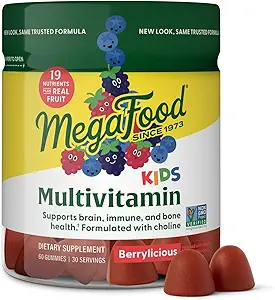 MegaFood Kids Multivitamin Gummies - Kids Vitamins - Age 4+ with Vitamin C, Vitamin D, Zinc, Choline, and Real Fruit - Brain & Immune Support - Berrylicious Flavor - 60 Gummies (30 Servings)
