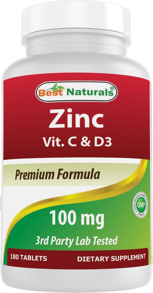 Best Naturals Ψευδάργυρος 100 mg με βιταμίνη C & D3 180 δισκία Χωρίς γλουτένη και μη ΓΤΟ