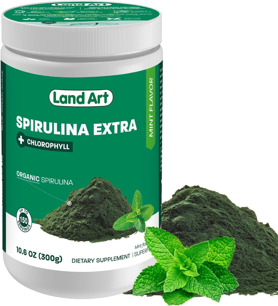 Land Art Organic Spirulina Extra Powder - Mint Flavoured - 100% Pure - 75 Servings - Superfood - Good Taste and Good Smell - 10% Bioactive Chlorophyll - Powerful Source of antioxidants