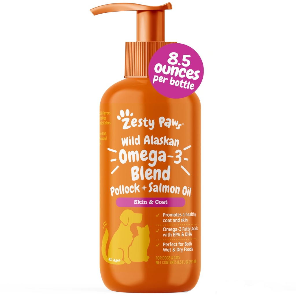 Zesty Paws Wild Alaska Omega-3 Blend Pollock + Λάδι σολομού για σκύλους και γάτες- το δέρμα και το παλτό υποστήριξη, Omega 3 συμπλήρωμα για κατοικίδια ζώα, 8.5oz