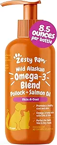 Zesty Paws Wild Alaskan Omega-3 Blend Pollock + Salmon Oil for Dogs and Cats- Skin and Coat Support, Omega 3 Supplement for Pets, 8.5oz