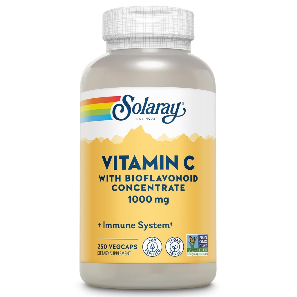 SOLARAY Vitamin C 1000mg με Bioflavonoids Συμπυκνωμένο - Βιταμίνη C Κάψουλες με Rose HIPS και Acerola Cherry - Αντιοξειδωτικό, Heart Health και ανοσοποιητικό συμπλήρωμα υποστήριξης, Vegan, Non-GMO, 250 Servings
