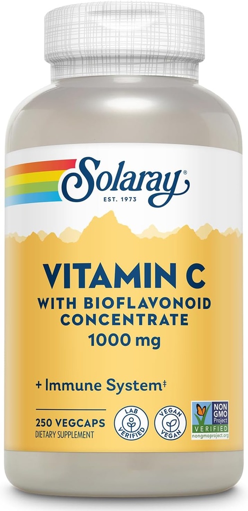 SOLARAY Vitamin C 1000mg with Bioflavonoids Concentrate - Vitamin C Capsules with Rose HIPS and Acerola Cherry - Antioxidant, Heart Health and Immune Support Supplement, Vegan, Non-GMO, 250 Servings