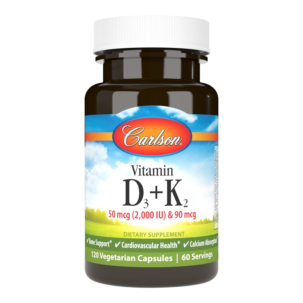 Carlson - Βιταμίνη D3 + K2, 50 mcg (2000 IU) Βιταμίνη D3 & 90 mcg Βιταμίνη K2 ως MK7, Υποστήριξη οστών, Απορρόφηση ασβεστίου, 120 κάψουλες