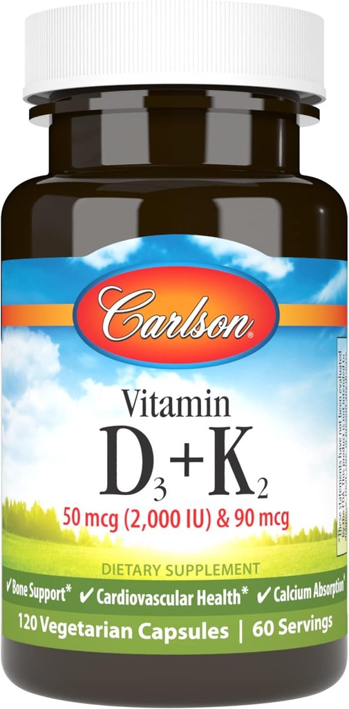 Carlson - Βιταμίνη D3 + K2, 50 mcg (2000 IU) Βιταμίνη D3 & 90 mcg Βιταμίνη K2 ως MK7, Υποστήριξη οστών, Απορρόφηση ασβεστίου, 120 κάψουλες