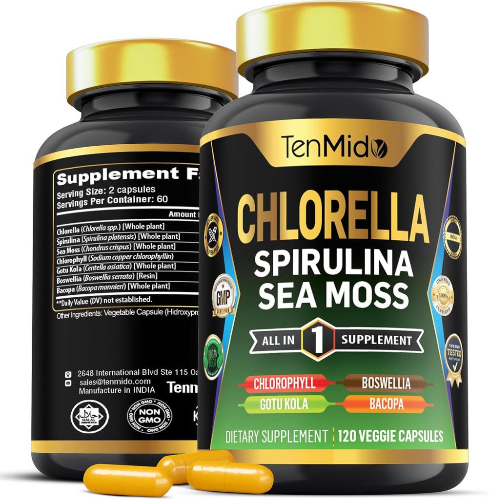 Συμπλήρωμα Chlorella για άνδρες και γυναίκες - 7in1 Φόρμουλα με Spirulina, Sea Moss, Chlorophyl, Gotu Kola, Boswellia & Bacopa - Ανοσολογική Υποστήριξη - Πλούσια σε θρεπτικά συστατικά, Βιταμίνες - 120 κάψουλες