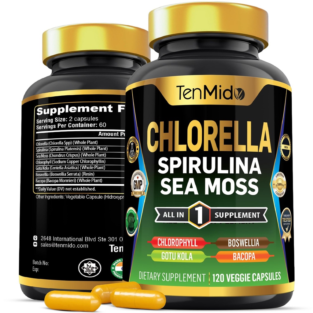 Συμπλήρωμα Chlorella για άνδρες και γυναίκες - 7in1 Φόρμουλα με Spirulina, Sea Moss, Chlorophyl, Gotu Kola, Boswellia & Bacopa - Ανοσολογική Υποστήριξη - Πλούσια σε θρεπτικά συστατικά, Βιταμίνες - 120 κάψουλες