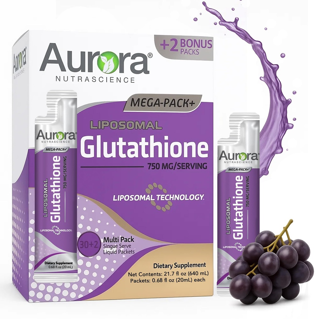 Aurora Nutrascience Mega-Liposomal Liquid Glutathionone, ανοσοποιητικό & αντιοξειδωτικό συμπλήρωμα υποστήριξης για την υγεία των ούλων, 750 mg ανά υπηρεσία, μη-GMO, ζάχαρη-ελεύθερο, 32 μεμονωμένα πακέτα σερβιρίσματος