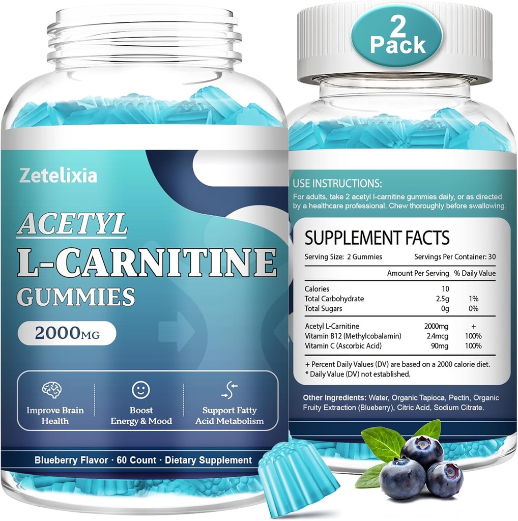 2 Συσκευασία χωρίς ζάχαρη Acetyl L-Καρνιτίνη Gummies, L-Καρνιτίνη συμπλήρωμα για γυναίκες & άνδρες, με βιταμίνη C & B12, ALCAR για την ενέργεια, τον εγκέφαλο και την καρδιά Υγεία, Vegan, μη-GMO, 120 Count