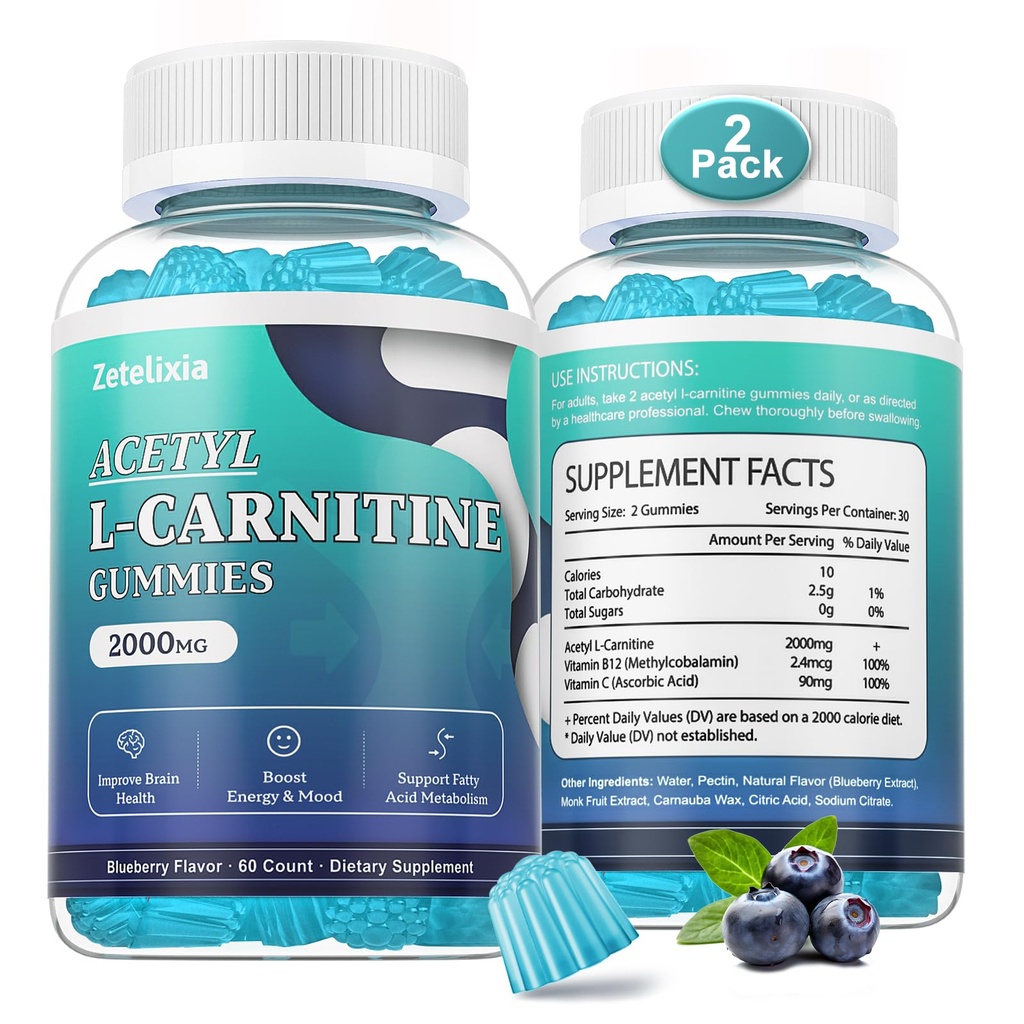 2 Συσκευασία χωρίς ζάχαρη Acetyl L-Καρνιτίνη Gummies, L-Καρνιτίνη συμπλήρωμα για γυναίκες & άνδρες, με βιταμίνη C & B12, ALCAR για την ενέργεια, τον εγκέφαλο και την καρδιά Υγεία, Vegan, μη-GMO, 120 Count