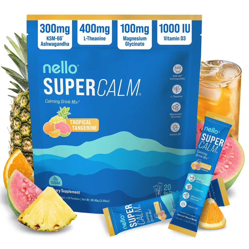 Nello Supercalm σε σκόνη μείγμα ποτών, Τροπική Ταμπερίνη, L Theanine, Ksm-66 Ashwagandha, Μαγνήσιο Γλυκινικό, Βιταμίνη D 3, Συμπληρώματα για χαλάρωση & εστίαση, φυσικό, χωρίς ζάχαρη, μη GMO, 20 Srvg