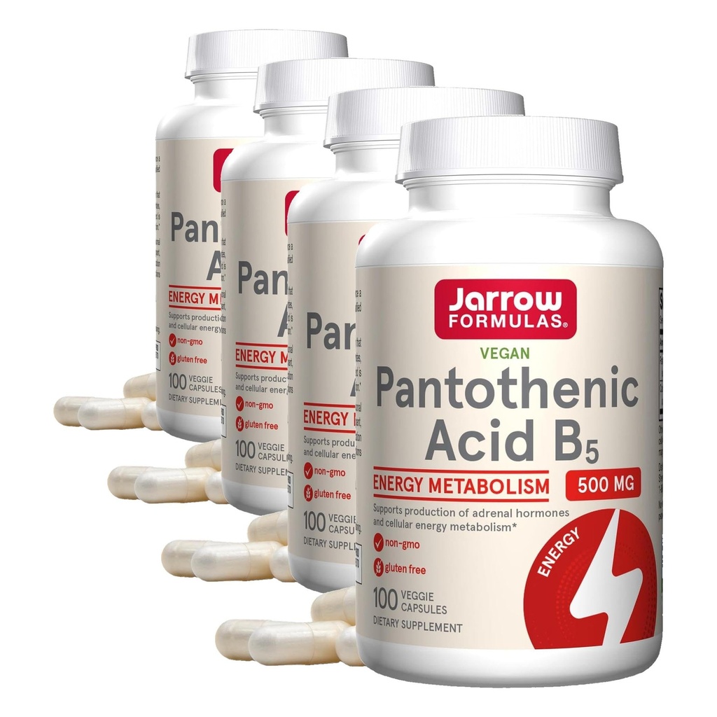 Jarrow Formulas Pantothenic Acid B5 500 mg - 100 Veggie Caps - Essential B Vitamin Dietary Supplement - Energy Production & Metabolism Support - 100 Servings (Pack of 4)