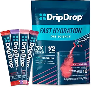 DripDrop Hydration Packets - Juicy Variety Pack - Ενιαία Σερβίρετε Ηλεκτρόλυτες Powder Drink Mix - Σταφύλι, Punch Φρούτων, Λεμονάδα Φράουλα, Cherry - Μη ΓΤΟ, Χωρίς Γλουτένη, Vegan - 16 Sticks